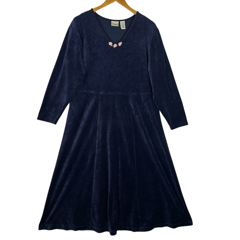 L.L. Bean Navy Velvet Cottagecore Midi Dress Rose Detail Romantic Made in Canada